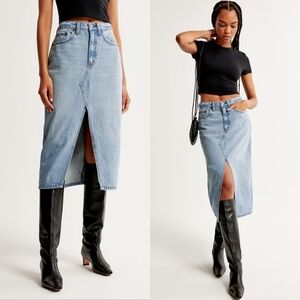 💙Abercrombie & Fitch Blue Denim Front Split Midi High Rise Skirt☆